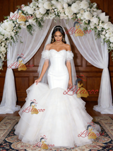 White Mermaid Tulle Off the Shoulder Beading Wedding Dress