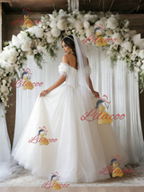 White Tulle Off the Shoulder Beading Wedding Dress