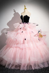 Black Velvet and Pink Tulle Strapless Prom Dress