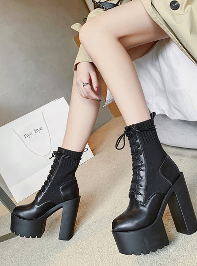 Knitted Elastic Thick Heel Lace-up Martin Boots