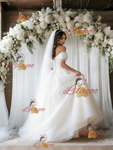 White Tulle Off the Shoulder Beading Wedding Dress