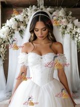 White Tulle Off the Shoulder Beading Wedding Dress