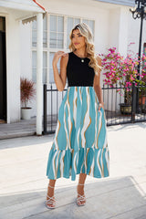 Round Neck Silm Waist Contrast Dress