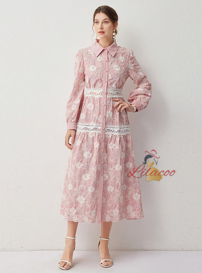 Long Sleeve Button Lace Dress