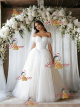 White Tulle Off the Shoulder Beading Wedding Dress