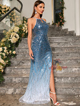 Blue Sequins Halter Split Prom Dress