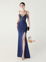 White Mermaid Spaghetti Straps Appliques Beading Prom Dress