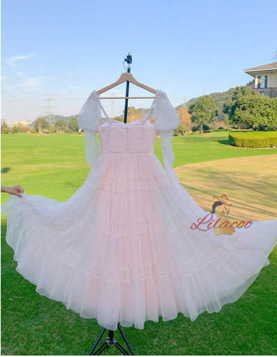 Pink Tulle Long Sleeve Pleats Pearls Prom Dress