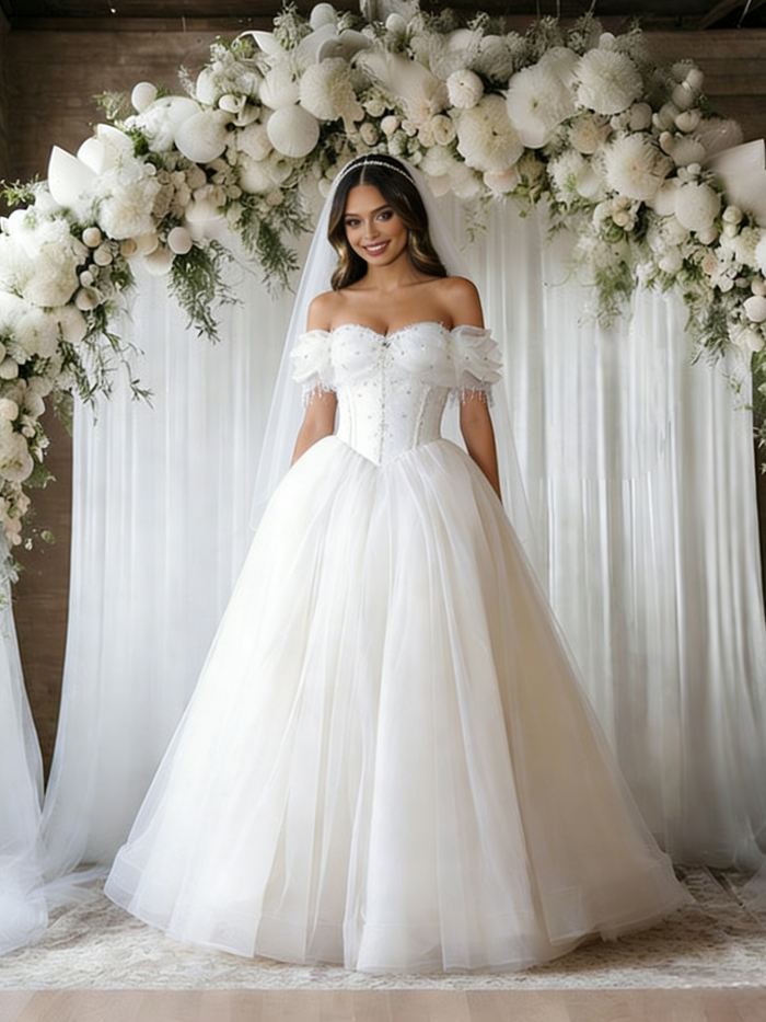 White Tulle Off the Shoulder Beading Wedding Dress
