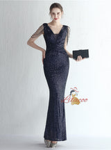 V-neck Mermaid Sequins V-neck Beading Prom Dress