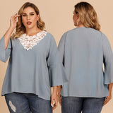 Trumpet Sleeve Lace V-neck Solid Color Loose Top