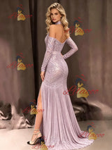 Purple Mermaid Sequins Long Sleeve Prom Dress
