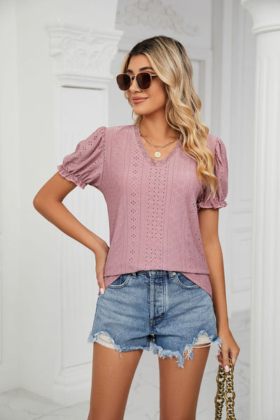 Lace Stitching Hollow V-neck T-shirt