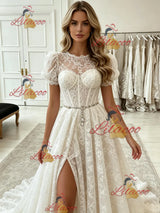 White Lace Puff Sleeve Prom Dress