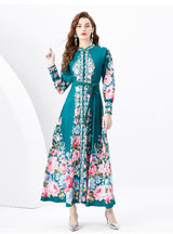 Retro Printed Long Sleeve Slim Dress