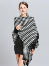 Houndstooth Plaid Knit Fringed Scarf Shawl