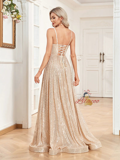 Deep V-neck Sequins Straps Prom Dress