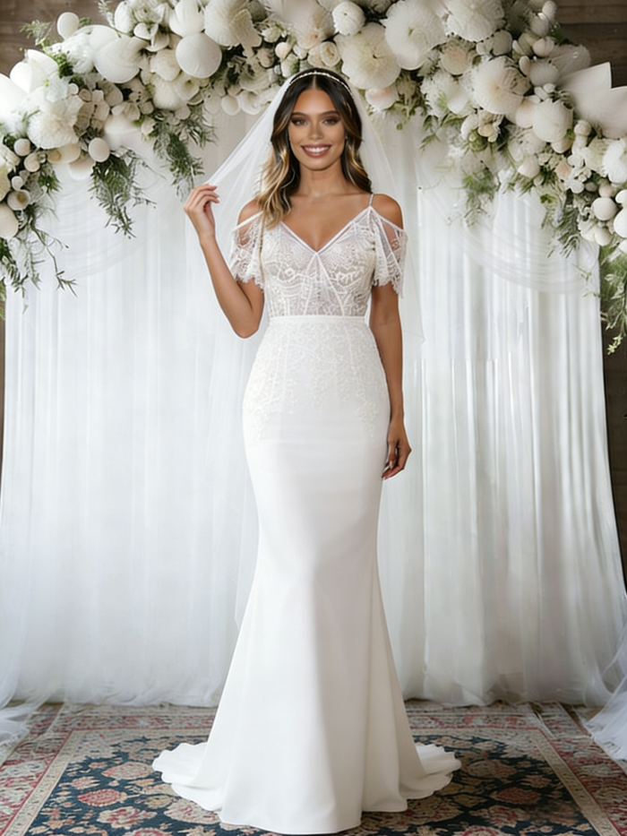 White Mermaid Spaghetti Straps Wedding Dress