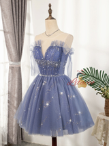 Blue Tulle Sequins Beading Pleats Homecoming Dress