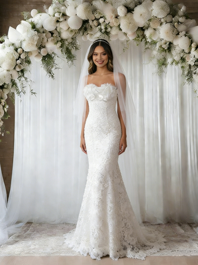 White Mermaid Lace Strapless Wedding Dress