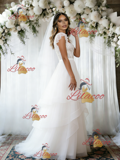 White Tulle Lace Straps Wedding Dress