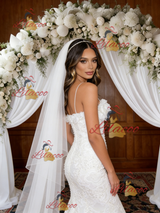 White Mermaid Lace Spaghetti Straps Wedding Dress