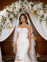 White Mermaid Lace Spaghetti Straps Wedding Dress