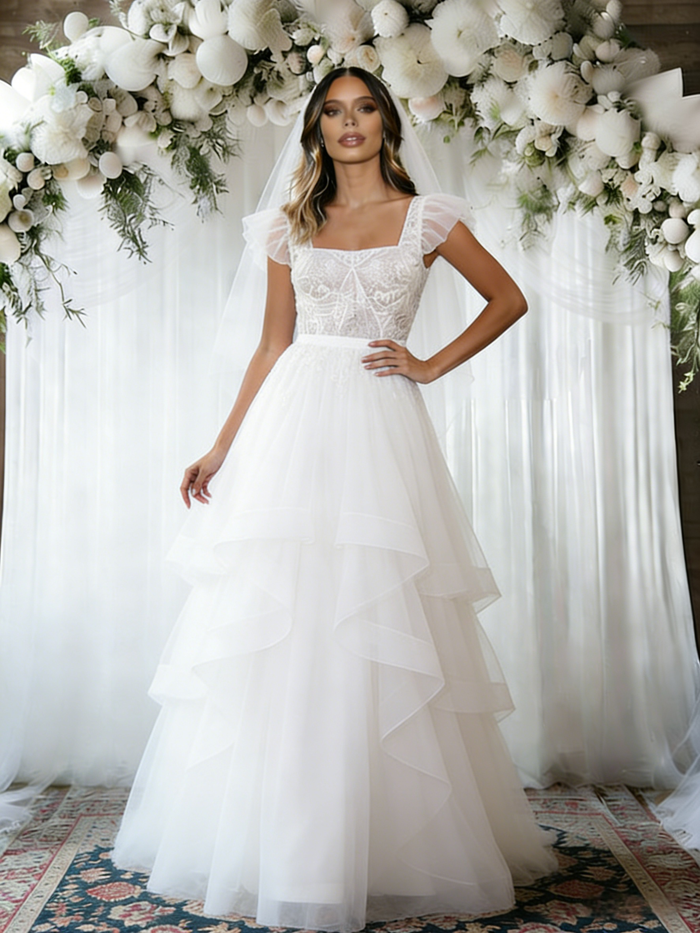 White Tulle Lace Straps Wedding Dress