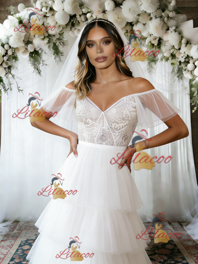 White Tulle Lace Off the Shoulder Wedding Dress