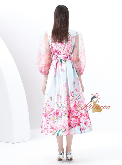 Palace Style Printed V-neck Long-sleeved Dress