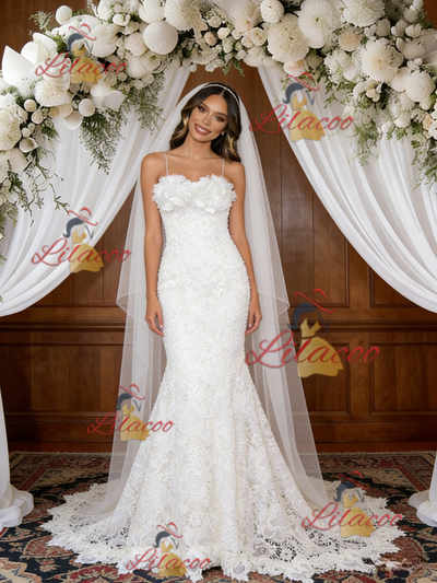 White Mermaid Lace Spaghetti Straps Wedding Dress