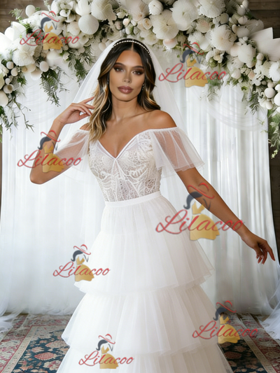 White Tulle Lace Off the Shoulder Wedding Dress