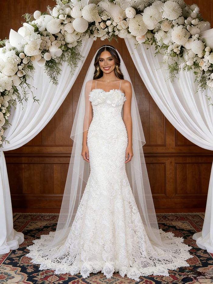 White Mermaid Lace Spaghetti Straps Wedding Dress