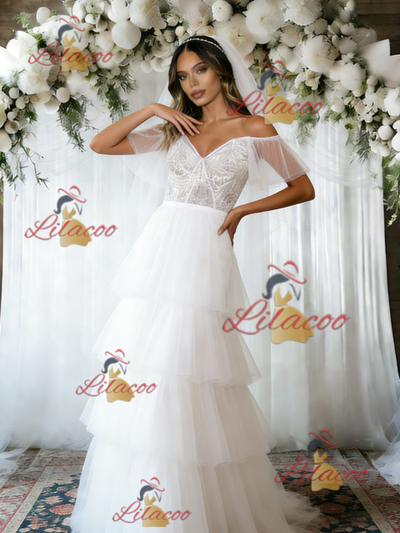 White Tulle Lace Off the Shoulder Wedding Dress