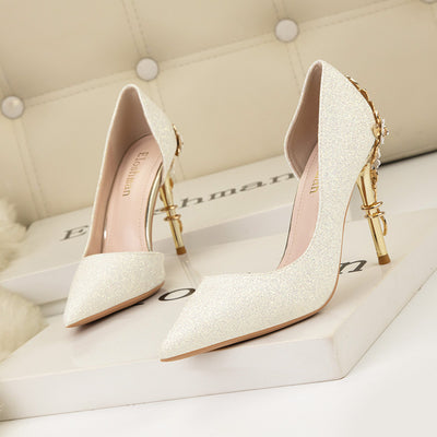 Metal Flower Thin High-heeled Pointed Wedding Shoes