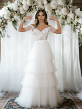 White Tulle Lace Off the Shoulder Wedding Dress