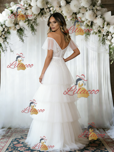 White Tulle Lace Off the Shoulder Wedding Dress
