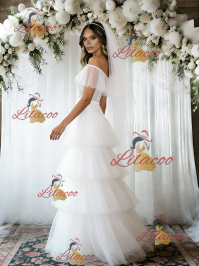 White Tulle Lace Off the Shoulder Wedding Dress