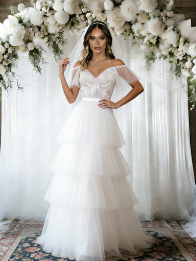 White Tulle Lace Off the Shoulder Wedding Dress