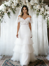 White Tulle Lace Off the Shoulder Wedding Dress
