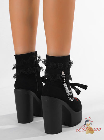 Retro Lace Chain Thick Heels Thick Soles Boots