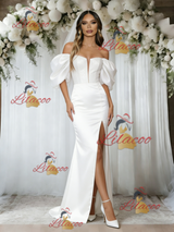 White Mermaid Satin Off the Shoulder Wedding Dress