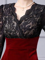 Burgundy Velvet Lace V-neck Mother Of The Bride Dress