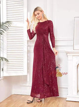 Burgundy Sequins Long Sleeve Prom Dress