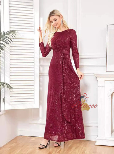 Burgundy Sequins Long Sleeve Prom Dress