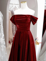 Burgundy Off the Shoulder Pleats Beading Prom Dress