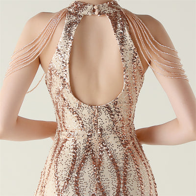 Mermaid Sequins Halter Backless Beading Prom Dress