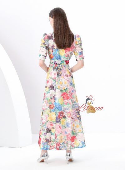 Short-sleeved V-neck Lace Floral Print Long Dress