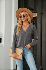 Solid Color V-neck Loose Casual Long Sleeve T-shirt