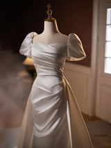 White Satin Puff Sleeve Pleats Wedding Dress